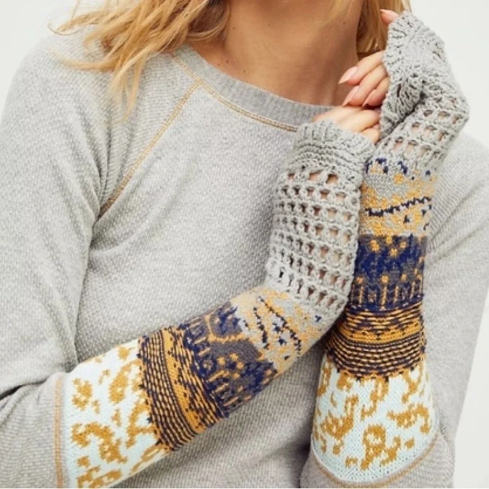Free People In The Mix Cuff Crochet Long Sleeve Crewneck Top in Heather Grey